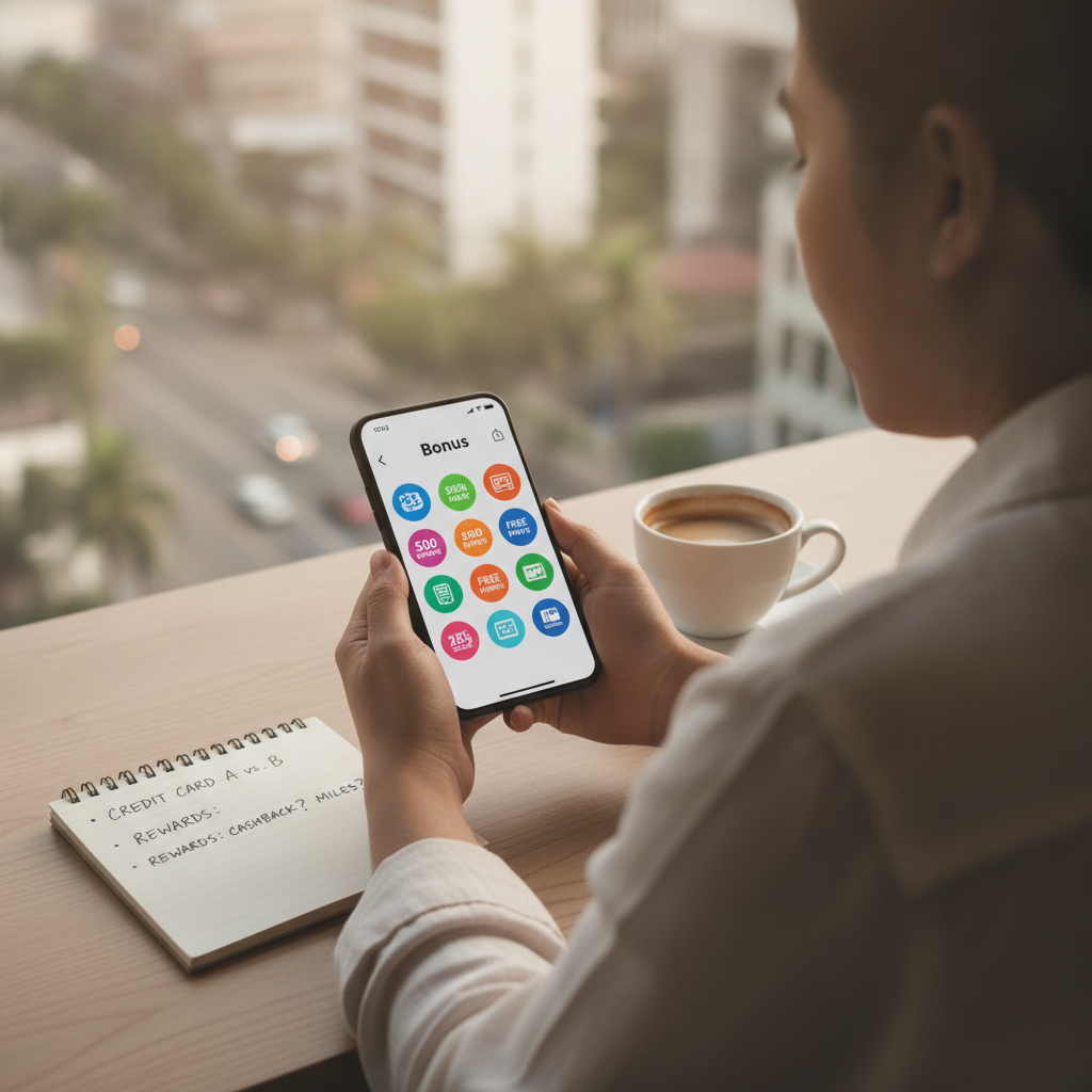 Filipino player comparing casino bonus offers on smartphone at cafe table
